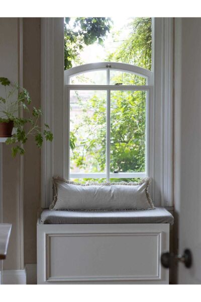 Fırfırlı Vintage Naturel BEJ çİZGİLİ Iskandinav Uzun 40x100 Kırlent Yastık (İÇİ DOLGULU)