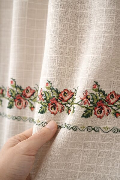 Bağlama Detaylı Romantik Ege TURUNCU GÜL KANAVİÇE Nakışlı Buldan Keten Perde (%100 Pamuk buldan kumaşı) 240 x150