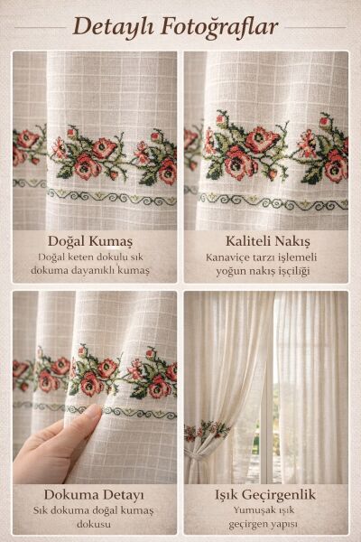 Bağlama Detaylı Romantik Ege TURUNCU GÜL KANAVİÇE Nakışlı Buldan Keten Perde (%100 Pamuk buldan kumaşı) 240 x150