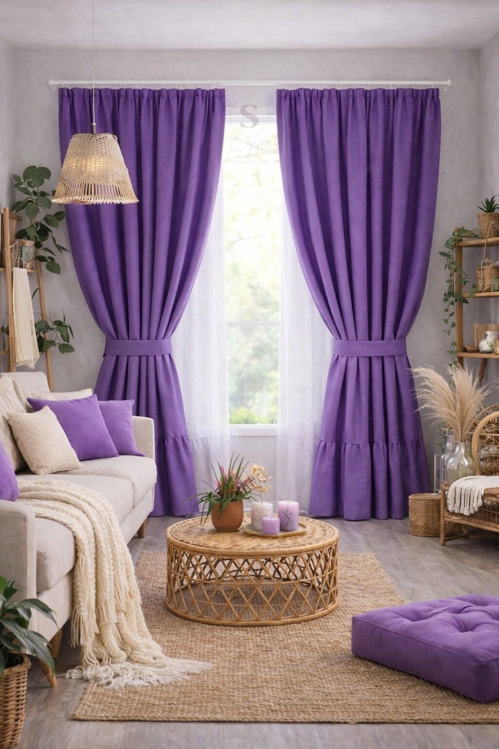 ALTTAN FIRFIRLI DOĞAL VİNTAGE MOR KETEN PERDE(EN X BOY)-tek Kanat-pilesiz 70 x 250