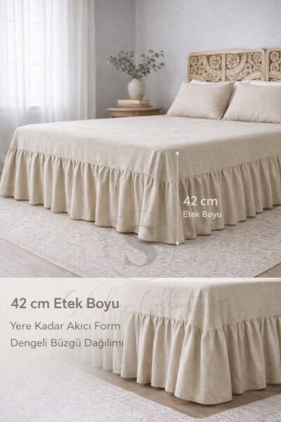Buldan Keten 3 Taraf Büzgülü Yatak Bazası Eteği 2 Yastıklı Otel Şıklığında Dekor Set