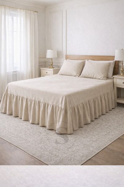Buldan Keten 3 Taraf Büzgülü Yatak Bazası Eteği 2 Yastıklı Otel Şıklığında Dekor Set 180 x 200