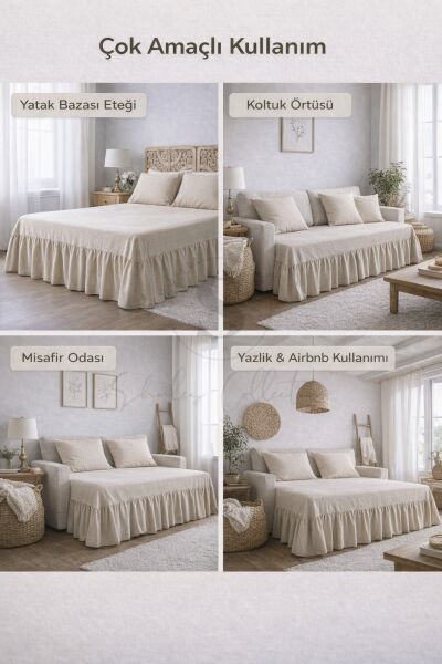 Buldan Keten 3 Taraf Büzgülü Yatak Bazası Eteği 2 Yastıklı Otel Şıklığında Dekor Set 90 x 200