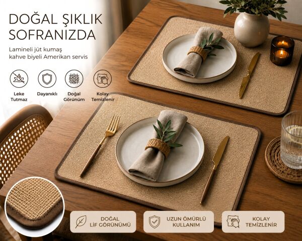 Doğal Şıklık Kahve Biyeli Lamineli Jüt Amerikan Servis 2 ADET