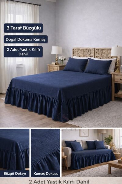 LACİVERT  Buldan Keten 3 Taraf Büzgülü Yatak Bazası Eteği 2 Yastıklı Otel Şıklığında Dekor Set 90 X 200