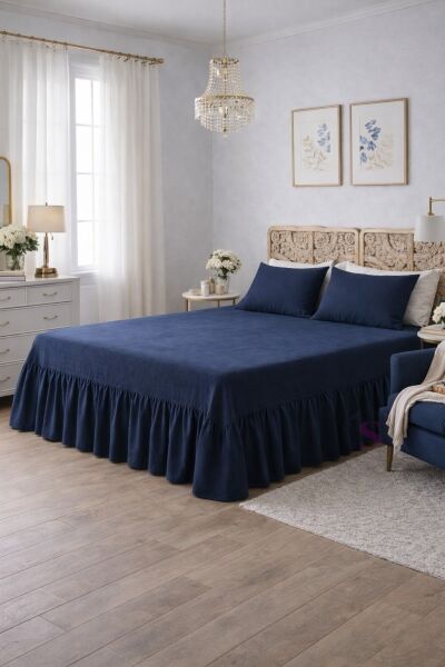 LACİVERT  Buldan Keten 3 Taraf Büzgülü Yatak Bazası Eteği 2 Yastıklı Otel Şıklığında Dekor Set 90 X 200