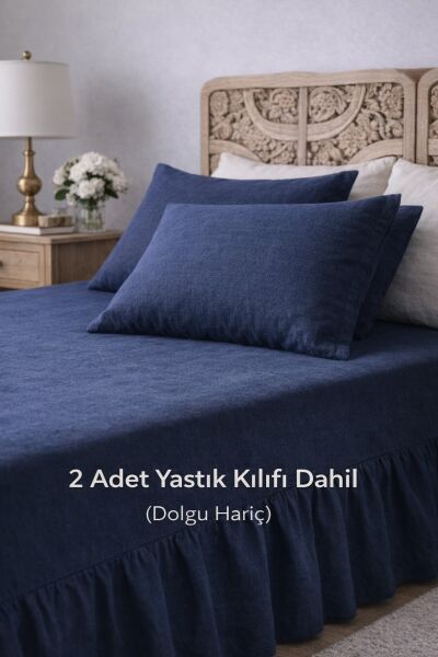 LACİVERT  Buldan Keten 3 Taraf Büzgülü Yatak Bazası Eteği 2 Yastıklı Otel Şıklığında Dekor Set 90 X 200