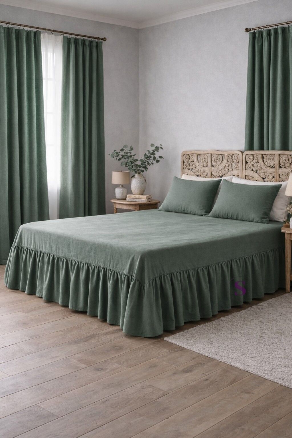 YEŞİL  Buldan Keten 3 Taraf Büzgülü Yatak Bazası Eteği 2 Yastıklı Otel Şıklığında Dekor Set 160 x 200