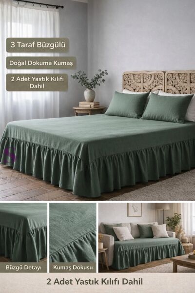 YEŞİL  Buldan Keten 3 Taraf Büzgülü Yatak Bazası Eteği 2 Yastıklı Otel Şıklığında Dekor Set 180 x 200