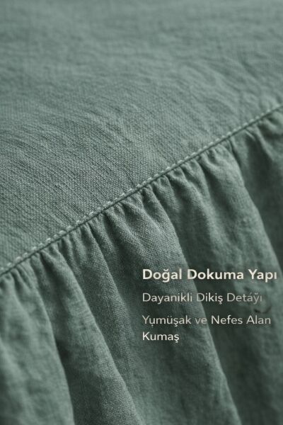 YEŞİL  Buldan Keten 3 Taraf Büzgülü Yatak Bazası Eteği 2 Yastıklı Otel Şıklığında Dekor Set 90 x 200