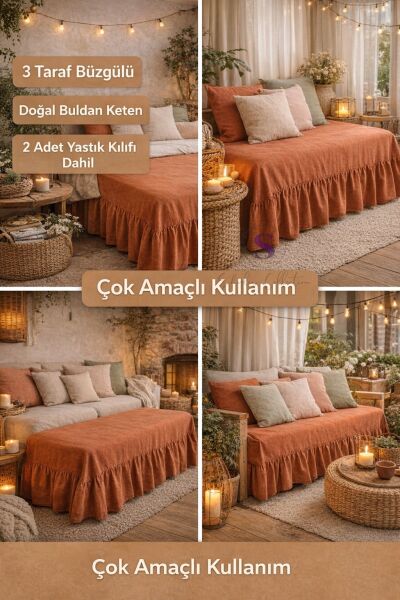 KİREMİT Buldan Keten 3 Taraf Büzgülü Yatak Bazası Eteği 2 Yastıklı Otel Şıklığında Dekor Set