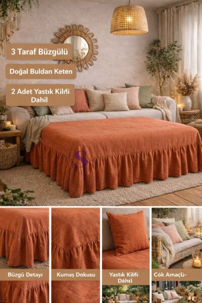 KİREMİT Buldan Keten 3 Taraf Büzgülü Yatak Bazası Eteği 2 Yastıklı Otel Şıklığında Dekor Set 90 x 200
