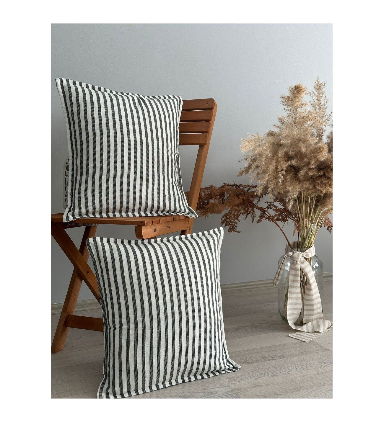 Keten Siyah Çizgili Kırlent Kılıfı