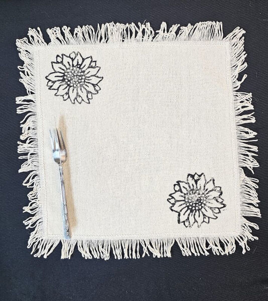 %100 Pamuklu Ham Keten Pamuk Püsküllü AYÇİÇEK TAŞ BASKILI 6' Lı Amerikan Servisi Supla KARE  42 Cm