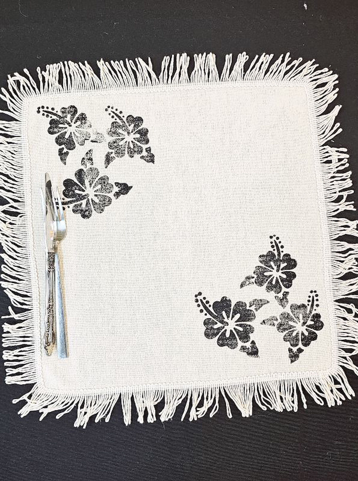 %100 Pamuklu Ham Keten PAMUK Püsküllü Çiçek Taş Baskı 6' Lı Amerikan Servisi Supla KARE  42 Cm