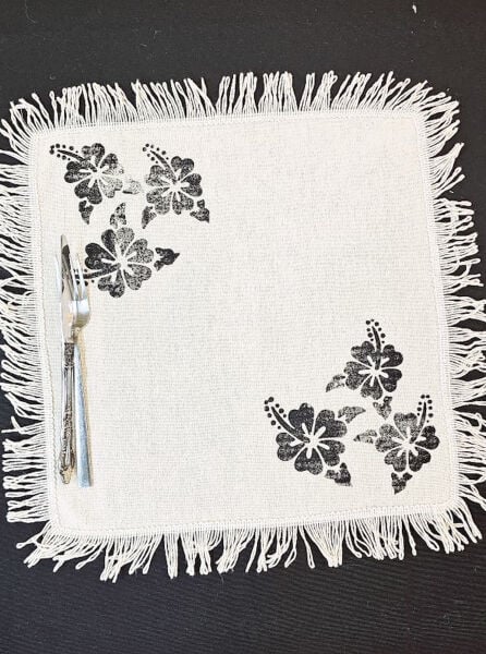 %100 Pamuklu Ham Keten PAMUK Püsküllü Çiçek Taş Baskı 6' Lı Amerikan Servisi Supla KARE  42 Cm