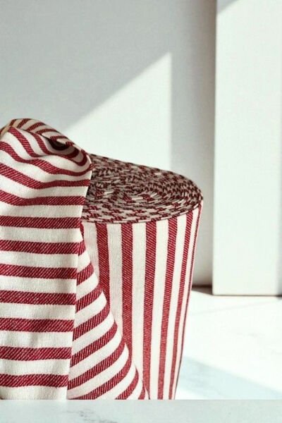 Çizgili Keten Kumaş- Kırmızı Yıkanmış Çizgili Keten 100x230 cm