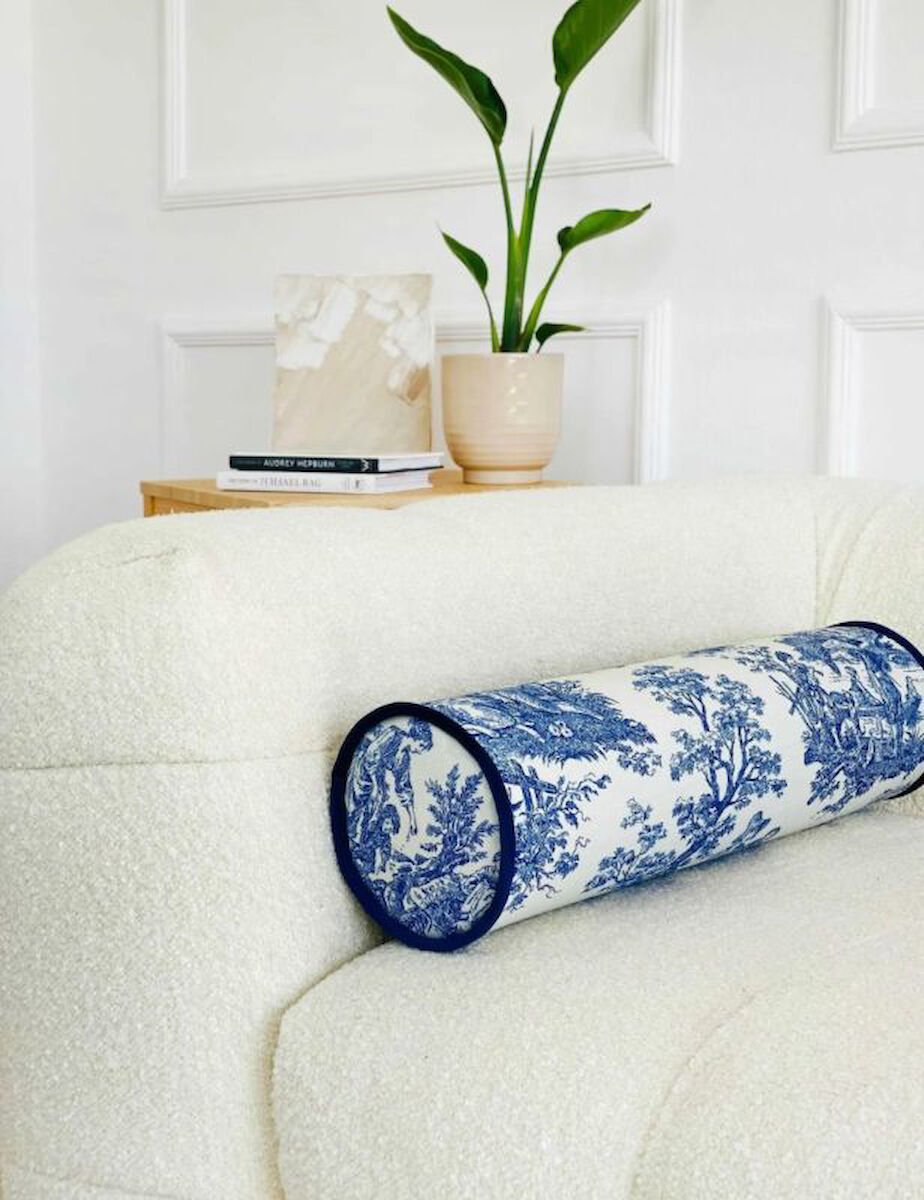 MAVİ FRANSIZ  KÖYLÜSÜ KETEN BOLSTER YASTIK. SİLİNDİR RULO İC DOLGULU FERMUARLI YASTIK