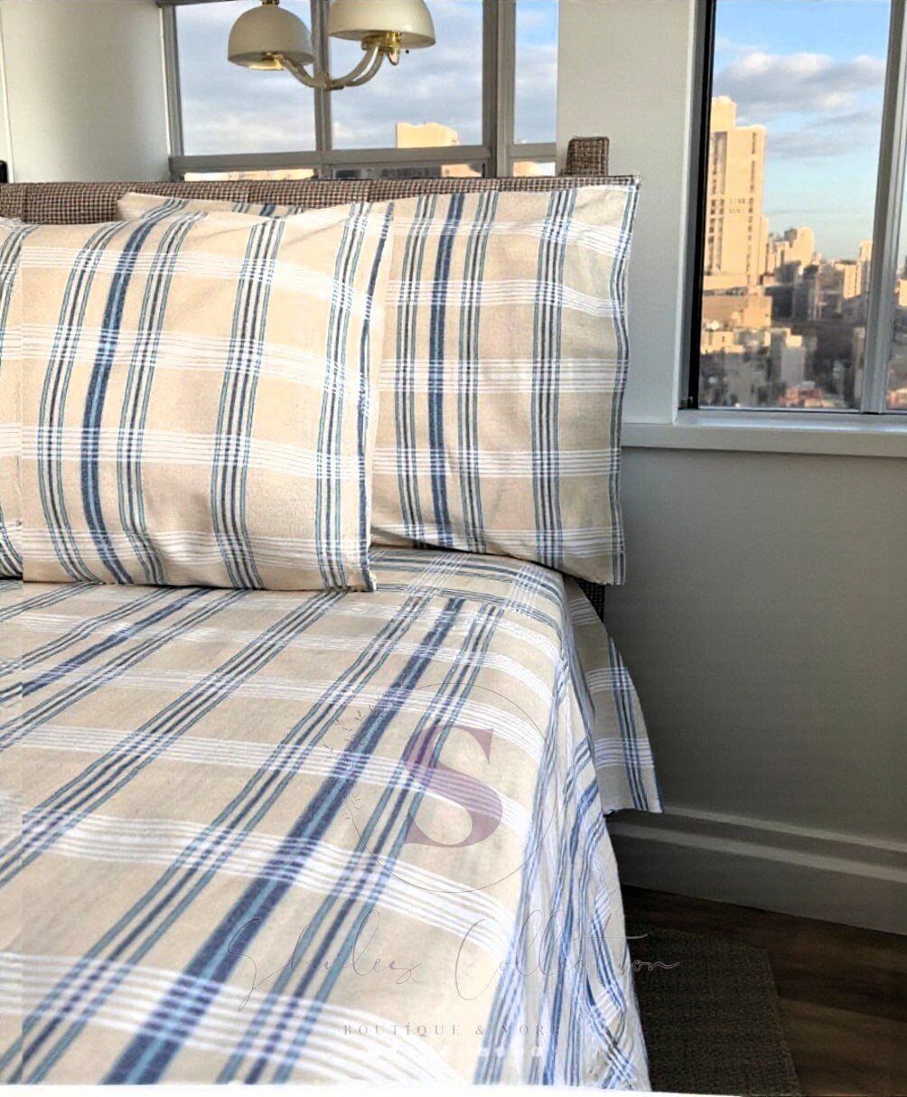 NATUREL BULDAN MAVİ EKOSE ÇİFT KİŞİLİK NEVRESİM TAKIMI