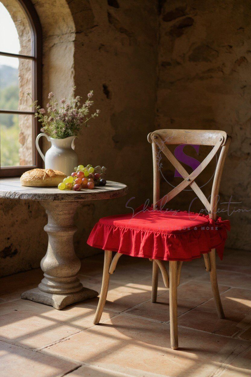 KIRMIZI RENK EL YAPIMI BULDAN YIKANMIS KETEN 4 TARAFI FIRFIRLI SANDALYE MİNDERİ