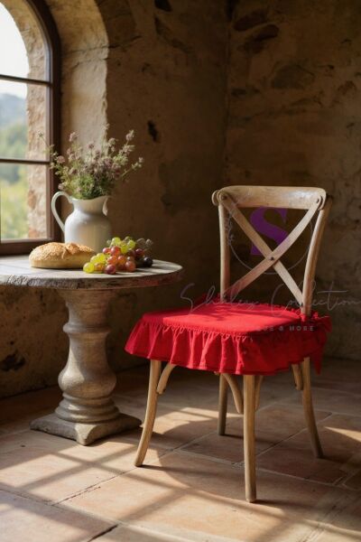 KIRMIZI RENK EL YAPIMI BULDAN YIKANMIS KETEN 4 TARAFI FIRFIRLI SANDALYE MİNDERİ