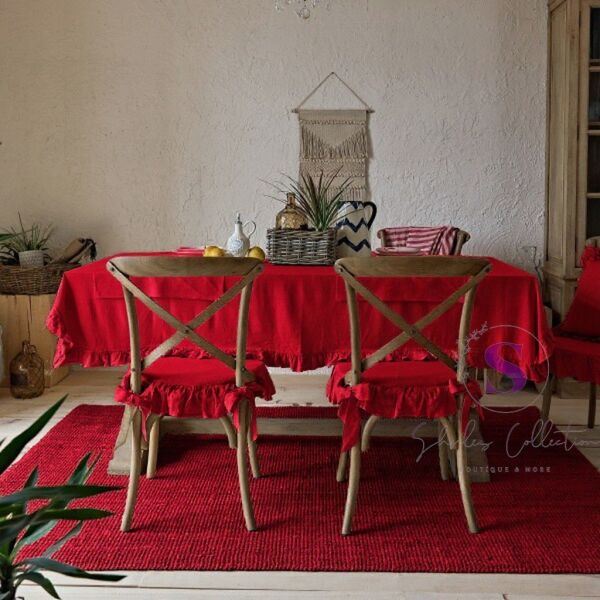 KIRMIZI RENK EL YAPIMI BULDAN YIKANMIS KETEN 4 TARAFI FIRFIRLI SANDALYE MİNDERİ