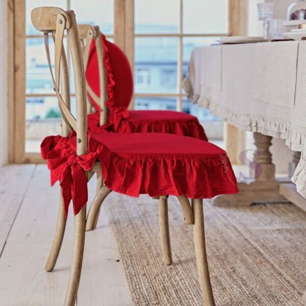 KIRMIZI RENK EL YAPIMI BULDAN YIKANMIS KETEN 4 TARAFI FIRFIRLI SANDALYE MİNDERİ