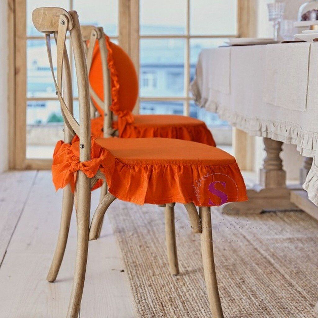 TURUNCU RENK EL YAPIMI BULDAN YIKANMIS KETEN 4 TARAFI FIRFIRLI SANDALYE MİNDERİ