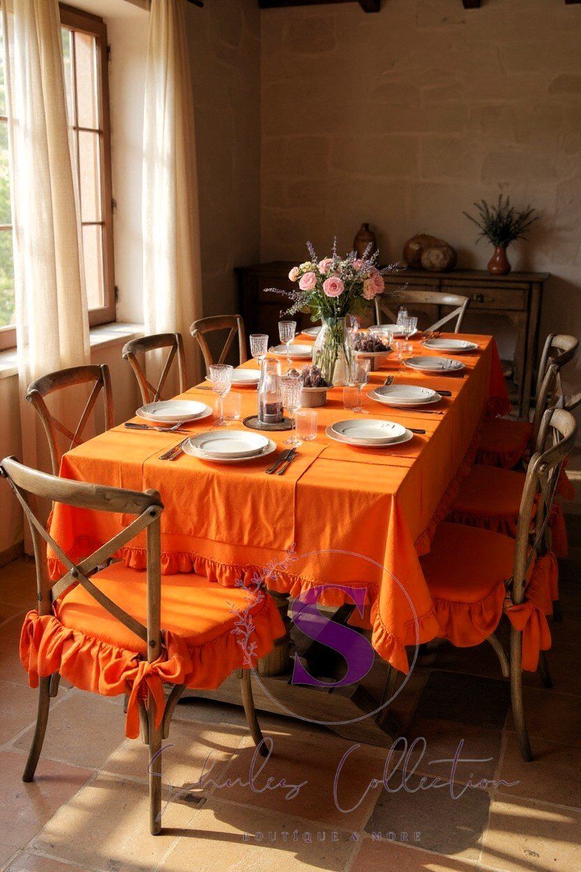 TURUNCU RENK EL YAPIMI BULDAN YIKANMIS KETEN 4 TARAFI FIRFIRLI SANDALYE MİNDERİ