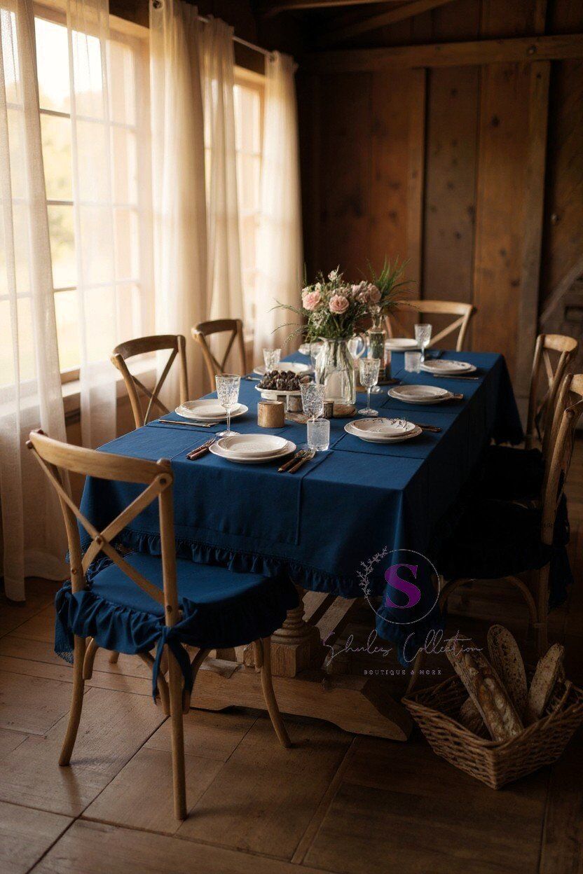 LACİVERT RENK EL YAPIMI BULDAN YIKANMIS KETEN 4 TARAFI FIRFIRLI SANDALYE MİNDERİ