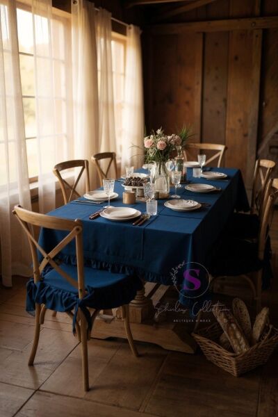 LACİVERT RENK EL YAPIMI BULDAN YIKANMIS KETEN 4 TARAFI FIRFIRLI SANDALYE MİNDERİ