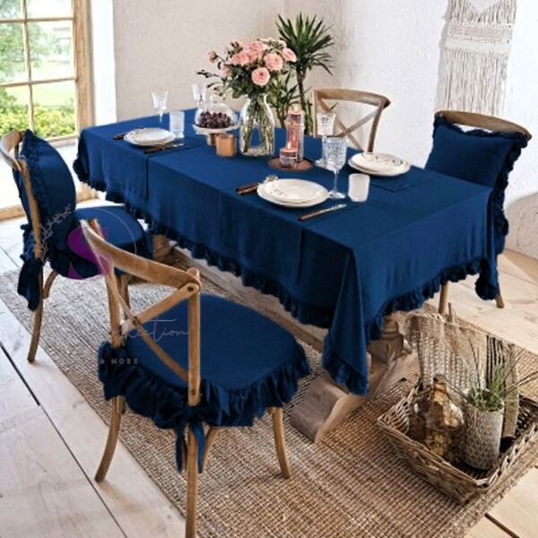 LACİVERT RENK EL YAPIMI BULDAN YIKANMIS KETEN 4 TARAFI FIRFIRLI SANDALYE MİNDERİ