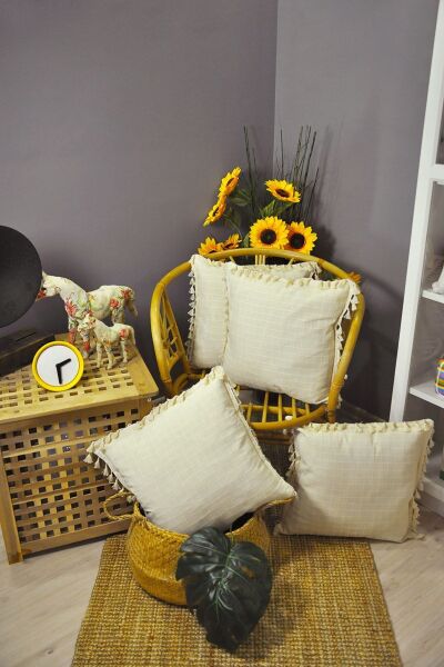 4'lü Handmade Natural %100 Organik Pamuklu 4 Kenar Püsküllü Kare Kırlent Kılıfı Seti 43 x 43 - naturel
