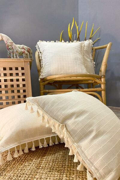 4'lü Handmade Natural %100 Organik Pamuklu 4 Kenar Püsküllü Kare Kırlent Kılıfı Seti 43 x 43 - naturel