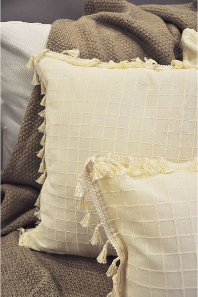 4'lü Handmade Natural %100 Organik Pamuklu 4 Kenar Püsküllü Kare Kırlent Kılıfı Seti 43 x 43 - naturel