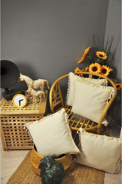 4'lü Handmade Natural %100 Organik Pamuklu 4 Kenar Püsküllü Kare Kırlent Kılıfı Seti 43 x 43 - naturel