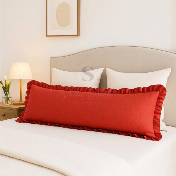 Fırfırlı Vintage Buldan Keten Kırmızı Renk  Iskandinav Uzun 40x100 Kırlent Yastık (içi Dolgulu)