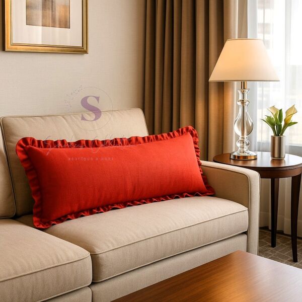 Fırfırlı Vintage Buldan Keten Kırmızı Renk  Iskandinav Uzun 40x100 Kırlent Yastık (içi Dolgulu)