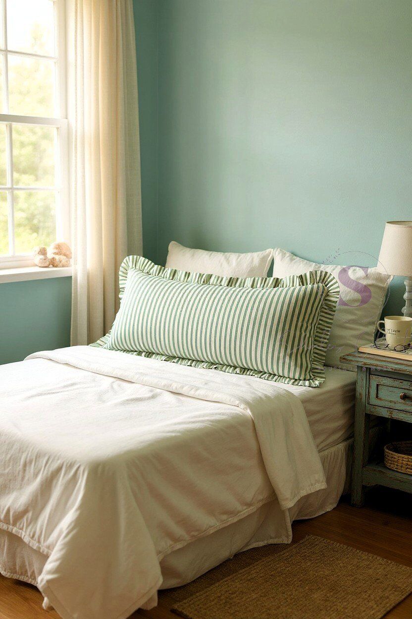 Fırfırlı Vintage Buldan Yeşil Çizgili  Iskandinav Uzun 40x100 Kırlent Yastık (içi Dolgulu)