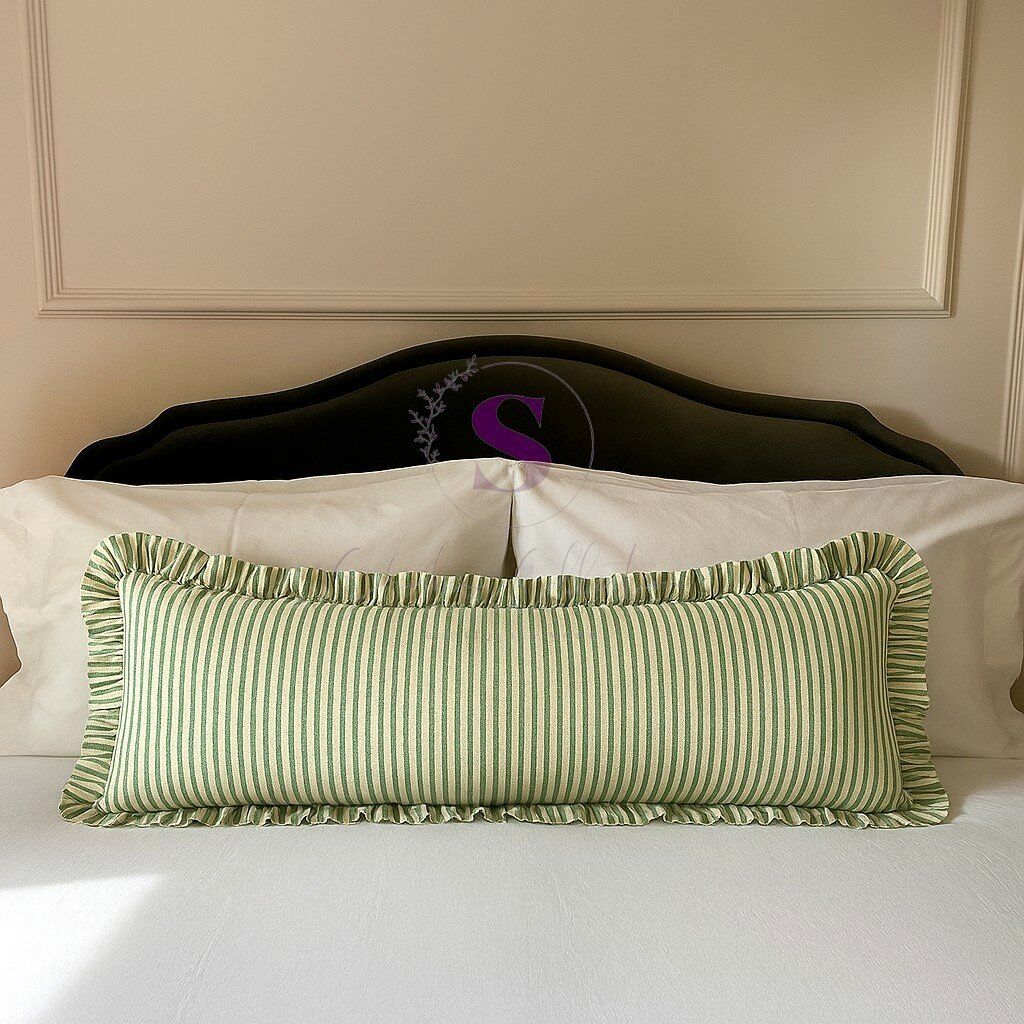Fırfırlı Vintage Buldan Yeşil Çizgili  Iskandinav Uzun 40x100 Kırlent Yastık (içi Dolgulu)