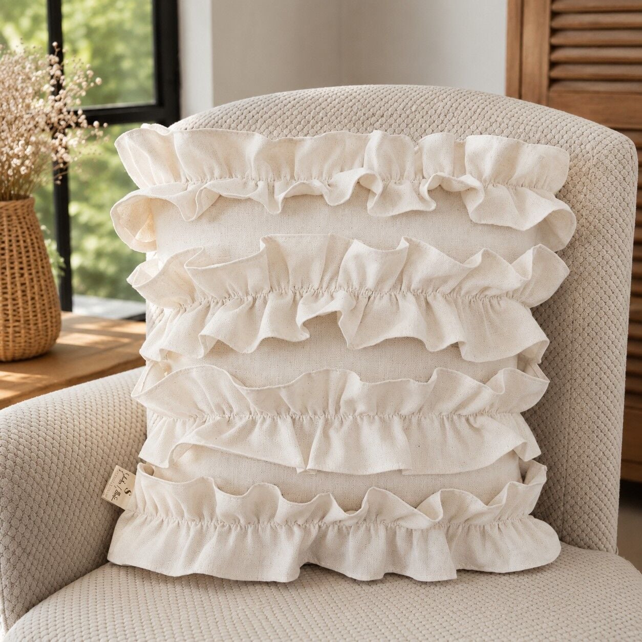 Vintage Cottage Buldan Keten Fırfırlı Dekoratif Kırlent Kılıfı 2'li Set | 43x43 cm