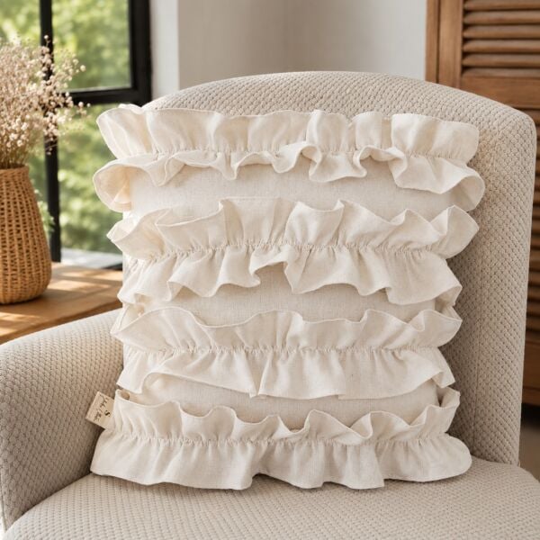 Vintage Cottage Buldan Keten Fırfırlı Dekoratif Kırlent Kılıfı 2'li Set | 43x43 cm