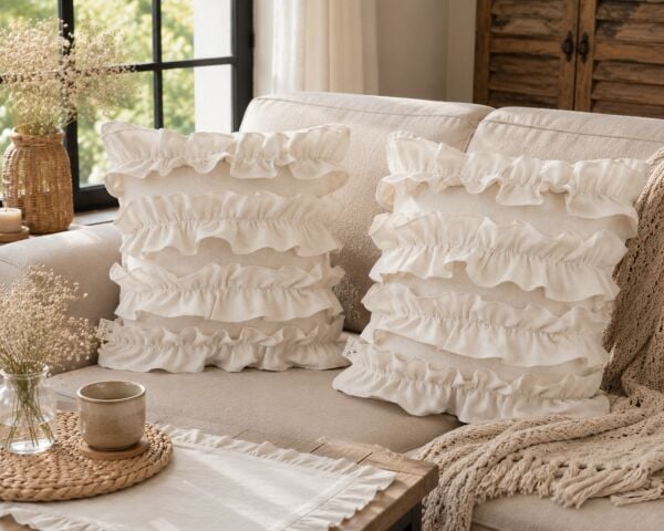 Vintage Cottage Buldan Keten Fırfırlı Dekoratif Kırlent Kılıfı 2'li Set | 43x43 cm