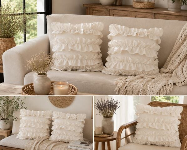 Vintage Cottage Buldan Keten Fırfırlı Dekoratif Kırlent Kılıfı 2'li Set | 43x43 cm