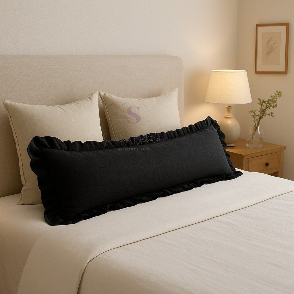 Fırfırlı Vintage Buldan Siyah renk  Iskandinav Uzun 40x100 Kırlent Yastık (içi Dolgulu)