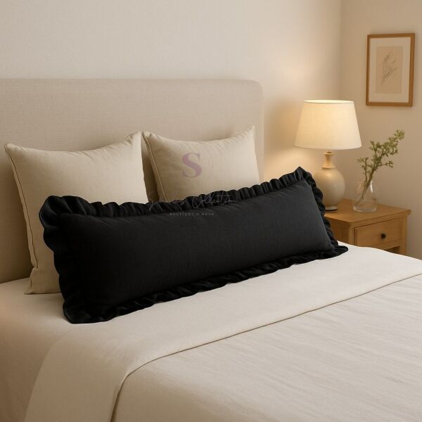 Fırfırlı Vintage Buldan Siyah renk  Iskandinav Uzun 40x100 Kırlent Yastık (içi Dolgulu)