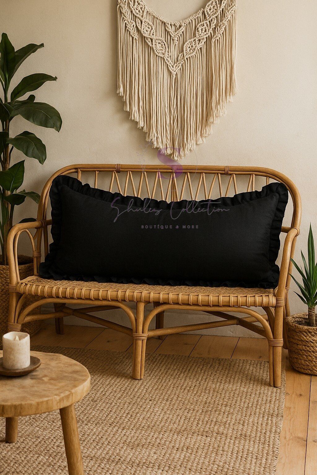 Fırfırlı Vintage Buldan Siyah renk  Iskandinav Uzun 40x100 Kırlent Yastık (içi Dolgulu)