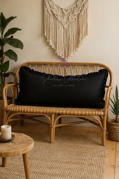 Fırfırlı Vintage Buldan Siyah renk  Iskandinav Uzun 40x100 Kırlent Yastık (içi Dolgulu)