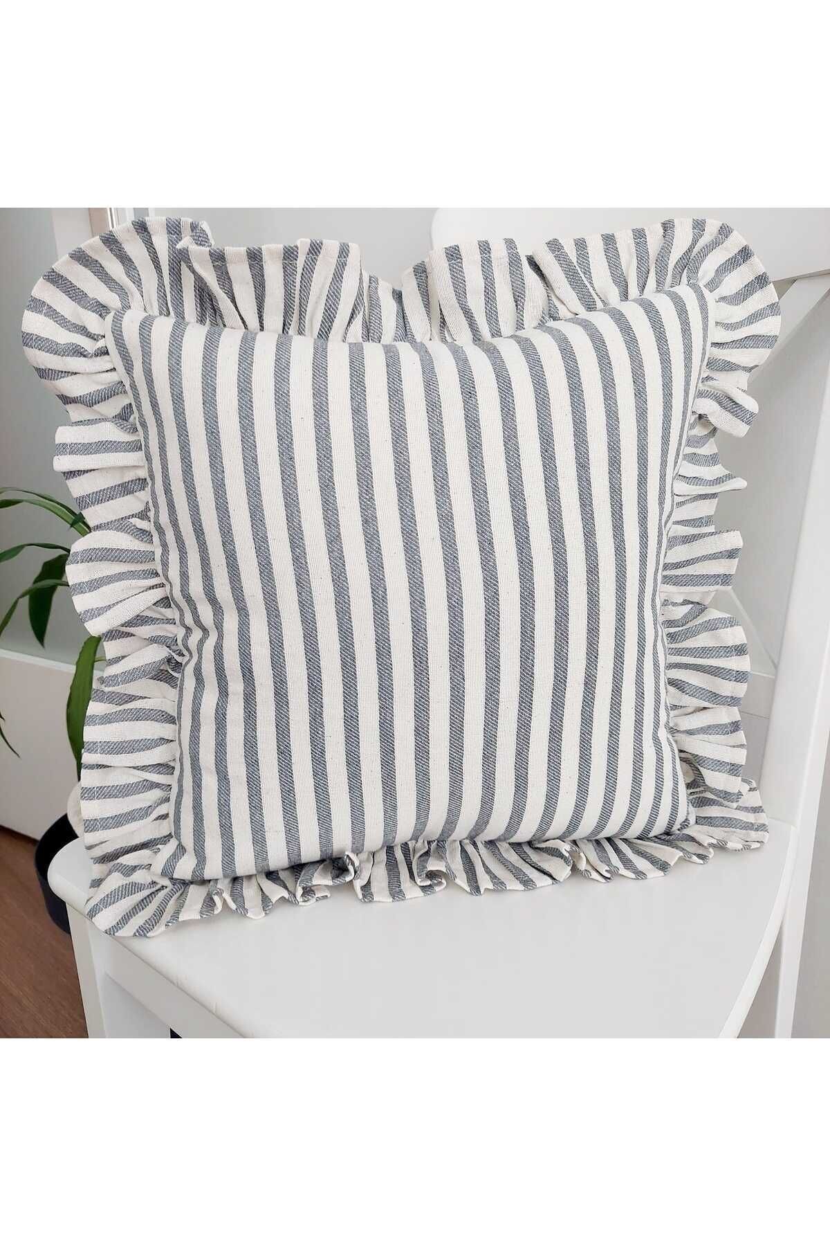 Bohem Fırfırlı Keten Çizgili Yastık Kılıfı 45 x 45 - Gri