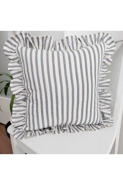 Bohem Fırfırlı Keten Çizgili Yastık Kılıfı 45 x 45 - Gri